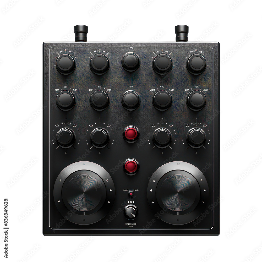 Poster professional audio mixer console with multiple knobs and controls for sound engineering and djing in