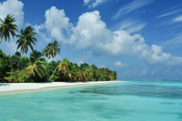 Serene Tropical Beach Paradise with Palm Trees and Crystal Blue Waters for Relaxing Vacation.