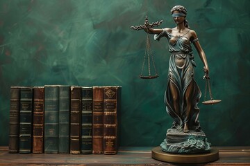 Lady justice with scales and books on table