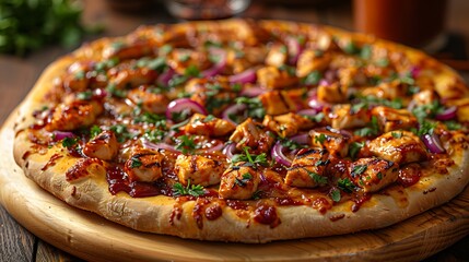 A barbecue chicken pizza with grilled chicken pieces, red onions, cilantro, and barbecue sauce, on a wooden pizza paddle.