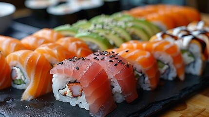 A beautifully arranged sushi platter, featuring tuna sashimi, salmon nigiri, and avocado rolls, presented on a black stone plate.