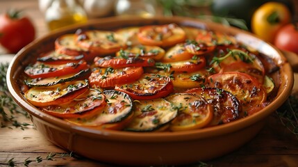 A beautifully baked ratatouille, featuring layers of colorful vegetables topped with a sprinkle of fresh thyme, served in a rustic terracotta dish.
