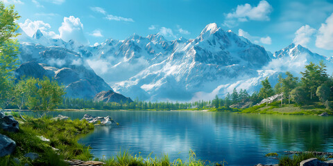 Magnificent view of the high snow-capped mountains, blue sky and cool lake. The concept of unity with nature and recreation in the wild