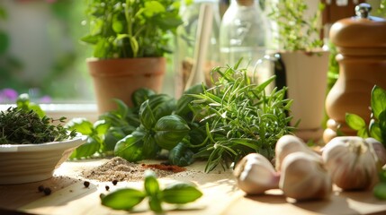 Fresh Herbs and Spices Composition on Kitchen Counter with Copy Space for Recipes