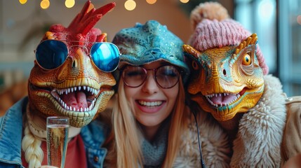 Friends in dinosaur masks celebrate with champagne in a festive atmosphere