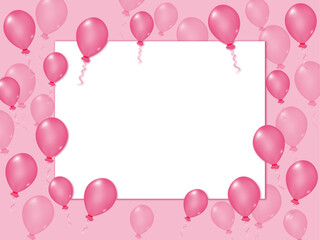 Pink  elegant, aesthetic, stylish backgrounds with balloons and ribbons. Holiday decoration.  Beautiful banner with balloons for Birthday and celebration. Blank free space on the paper banner. 