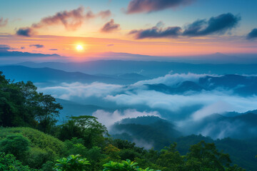 Nature Web Banner. Mountain view sunset panorama view of many hill and green forest cover with soft mist with colorful sky. Background, sunset at Doi Ang Khang, Chiang Mai, Thailand, angkhang, beautif