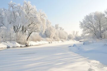 Tranquil Winter Scene with Snow-Covered Trees and Frozen River, Copy Space for Text, Peaceful Snowy Landscape