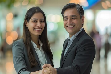 Two people shaking hands in a lobby