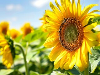 Obraz premium Vibrant Sunflower Field in Full Bloom under Sunny Sky with Copyspace.