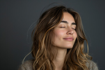 Fototapeta premium A close up of a woman's face with her eyes closed looking to a side