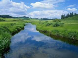 Tranquil River Meandering through Lush Green Meadow with Copyspace, Serene Nature Landscape