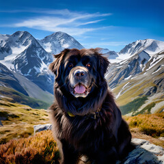 Newfoundland dog in the mountains