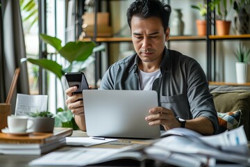 A man sitting at a table with a laptop and cell phone