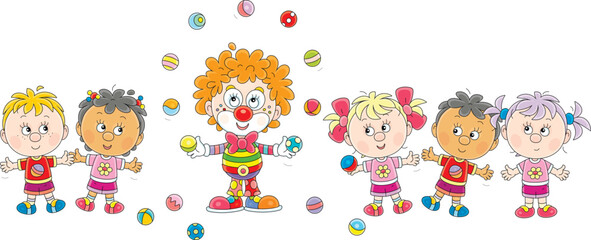 Funny red curly-headed circus clown juggling with toy balls in a fun performance for happy little children, vector cartoon illustration on a white background