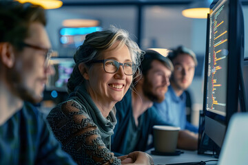 Collaboration, mentoring, and programming with businesspeople in office for coding, development, or IT. Meeting, code review, and feedback with digital agency staff cybersecurity