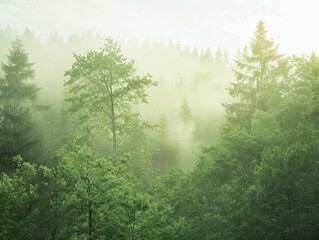 Fototapeta premium Serene Misty Morning in Enchanted Forest with Copyspace; Mystical Nature Landscape with Fog Covered Trees for Tranquil Background