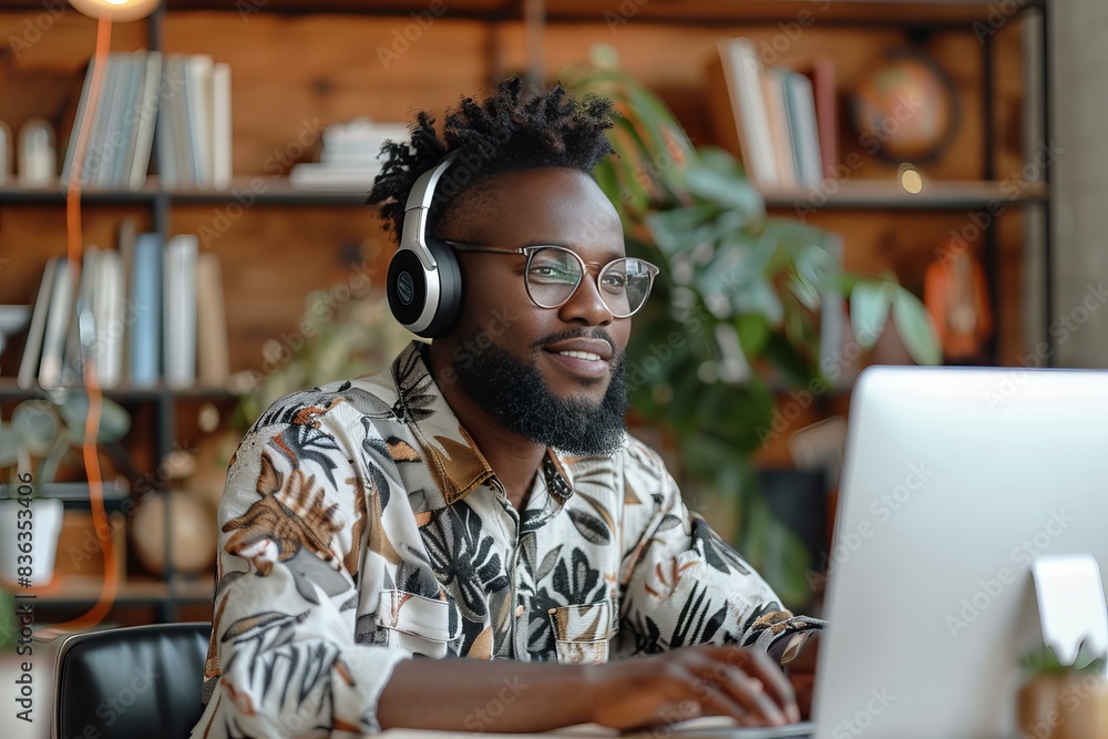 Sticker Man wearing headphones, smiling and using laptop indoors