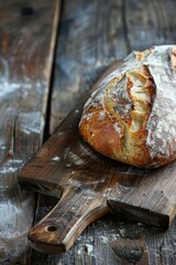 Golden Crusted Fresh Loaf of Bread on Rustic Wooden Board with Copyspace, Close-up Shot