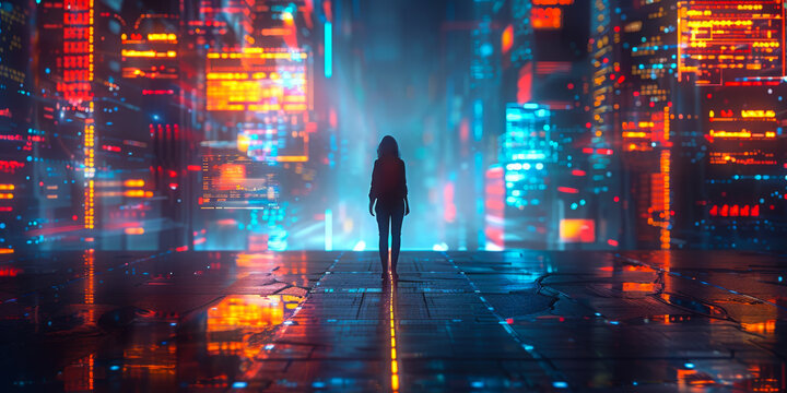 Woman in Futuristic Cityscape. A silhouette of a woman standing in a vibrant, futuristic cityscape with neon lights and high-tech buildings, creating a cyberpunk atmosphere. - Powered by Adobe