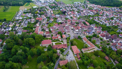 Aerial panorama view of the old village Hochdorf an der Enz in Germany on a sunny day in spring	