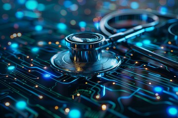 Close up of stethoscope on circuit board with lights