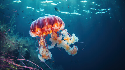 Glowing jellyfish swim deep in blue sea. Medusa neon jellyfish fantasy. a Jellyfish colorful fantasy neon on a Caribbean sea,Neon colorful look like a fairy tale. Underwater a beautiful colorful sea a