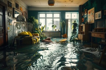 A flooded living room with a yellow couch and a potted plant. The room is in a state of disarray and the water is rising