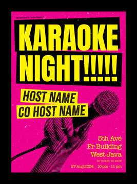 karaoke night poster design, flyer or banner with hand holding microphone illustration, sing party flyer grunge texture colorful, sing night event