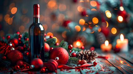 Festive Wine Bottle with Christmas Decorations. A bottle of wine surrounded by festive Christmas decorations, including red ornaments, pine cones, and candles, with bokeh lights in the background. - Powered by Adobe