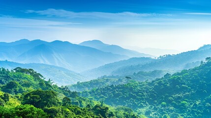Majestic Mountain Range: Serene Landscape with Lush Greenery and Clear Blue Sky for Copy Space - Nature Scenery Photography