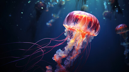 Fototapeta premium Glowing jellyfish swim deep in blue sea. Medusa neon jellyfish fantasy. a Jellyfish colorful fantasy neon on a Caribbean sea,Neon colorful look like a fairy tale. Underwater a beautiful colorful sea a