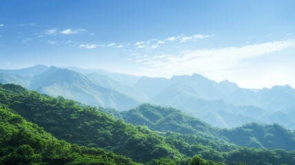 Obraz premium Tranquil Mountain Landscape with Lush Greenery and Clear Blue Sky - Panoramic Nature Scene with Copyspace