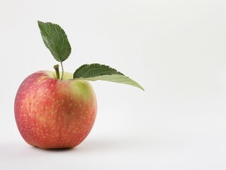 Fresh Ripe Apple with Leaf on White Background - Close-Up Food Photography with Copy Space for Text