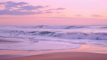 Tranquil Beach Sunset with Pastel Colored Sky and Calm Waves, Serene Seascape with Lots of Copyspace for Text or Graphics