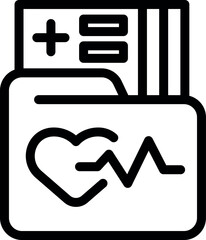 Black and white icon depicting a folder with a heart and pulse line, symbolizing patient health and medical records