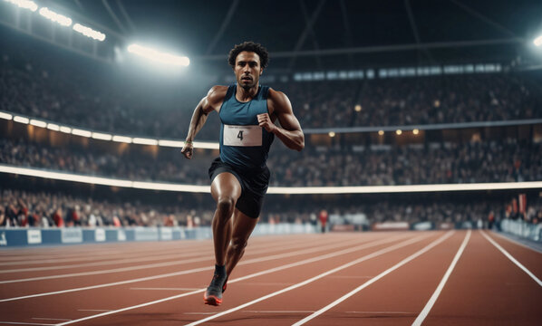 A strong male professional runner runs fast on a track racing during sport competition. Confident athlete black man sprinter in sportswear at stadium at international championship.