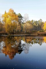 Serene Autumn Reflection: Tranquil Lake Scene with Copyspace for Text, Calm Water reflecting Trees, Peaceful Nature Landscape