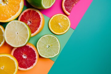 Vibrant Citrus Fruits Arrangement on Colorful Background with copyspace.