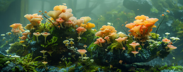 Exotic Floral Species in Rainforest Jungle, Wild Tropical Flowers, Blooming Plant Macro Close-up. Transparent Dew Drops, Glowing Veins, Luxury Fresh Scent. Vitality, Energy, Balance, Premium Wellbeing