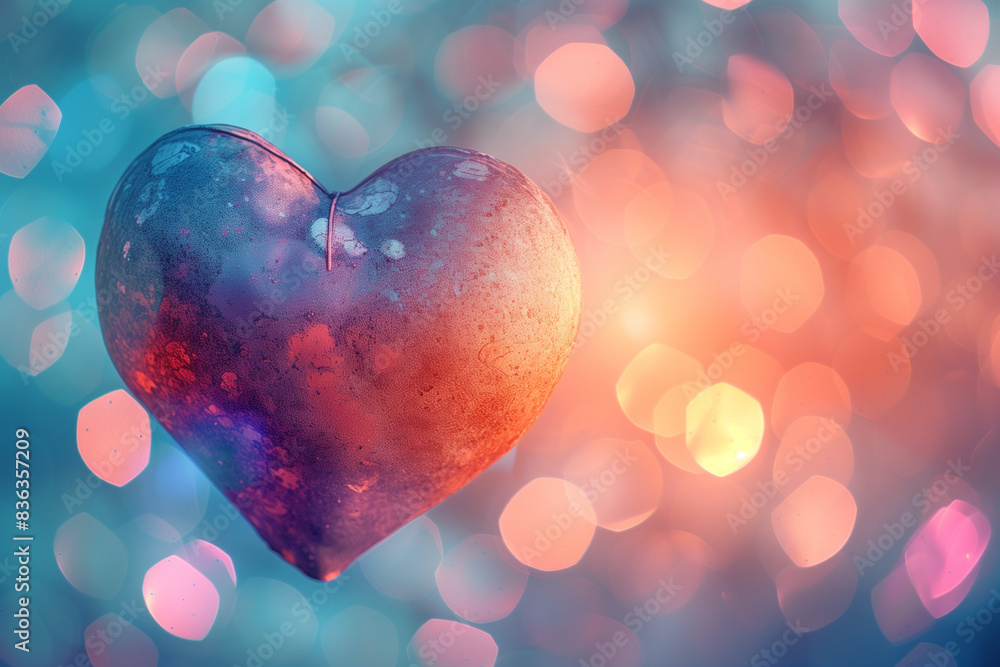 Poster a large heart in modern retro made of layers against an abstract soft background of bokeh lights, bl