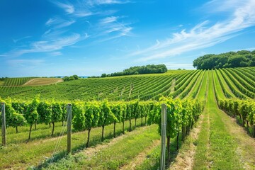 Fototapeta premium Serene Summer Landscape of Vineyard with Grapevines and Blue Sky | Tranquil Winery Scene with Copy Space | Vineyard Nature Background