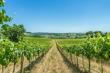 Naklejka premium Serene Summer Vineyard Landscape with Rows of Grapevines and Clear Blue Sky for Copy Space