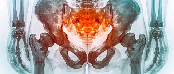 Hip joint pain highlighted in detailed xray on a gray background, diagnostic imaging