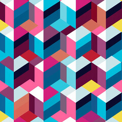 Obraz premium Colorful Geometric Seamless Pattern with Bright Abstract Cubes and Shapes