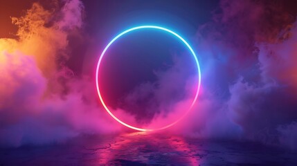 Abstract Cloud Illuminated by Neon Light Ring in Dark Night Sky 3D Render. Glowing Geometric Shape, Round Frame