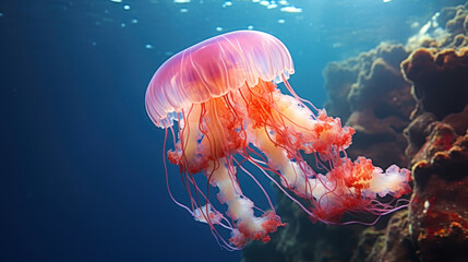Fototapeta premium Glowing jellyfish swim deep in blue sea. Medusa neon jellyfish fantasy. a Jellyfish colorful fantasy neon on a Caribbean sea,Neon colorful look like a fairy tale. Underwater a beautiful colorful sea a
