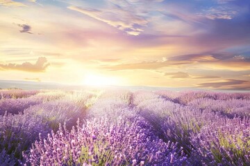 Tranquil Summer Sunset over Lavender Field with Copy Space.