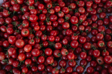 Many small red cherry tomatoes on a counter at a Turkish bazaar