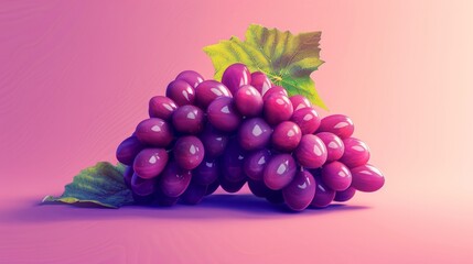 Fresh and juicy bunch of red grapes with vibrant green leaves set against a soft pink gradient background, perfect for food and beverage themes.